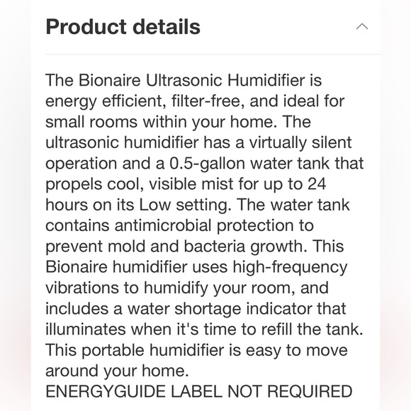 BIONAIRE NWT virtually silent ultrasonic cool mist humidifier -0.5 gallon - Picture 6 of 7
